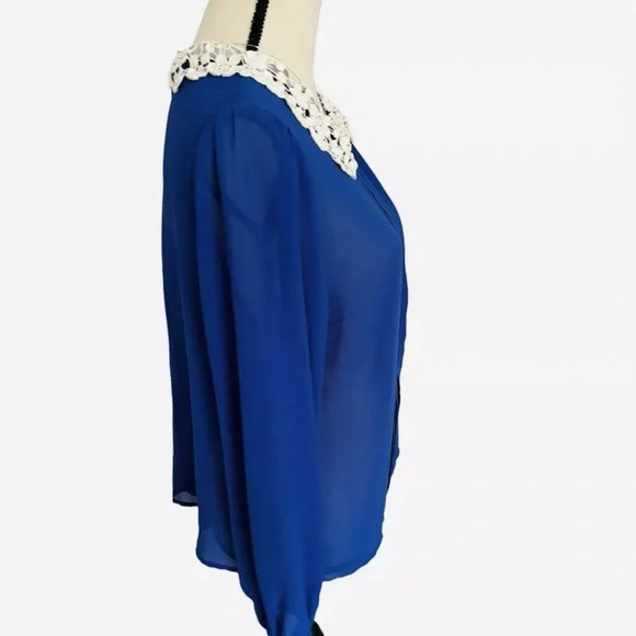 Women’s Royal Blue Lace Collared Chiffon Blouse Size: Medium - Picture 3 of 4